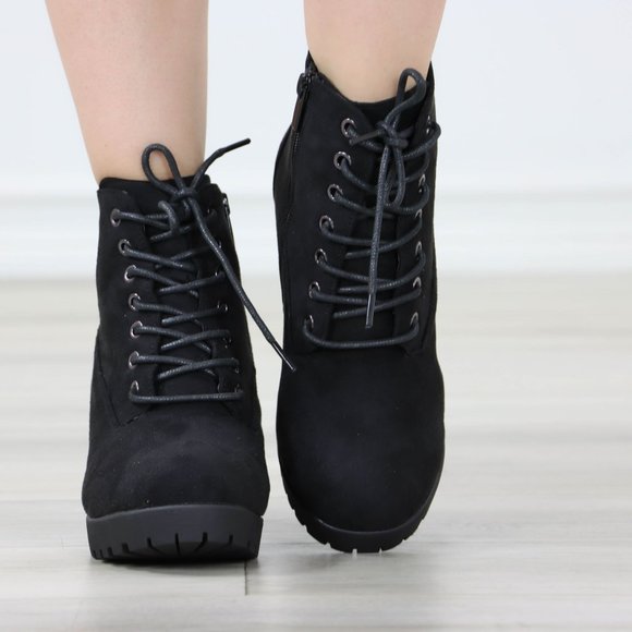 Black Suede Ankle Chunky Block Lug High Heel Boots Lace-Up - Picture 11 of 13